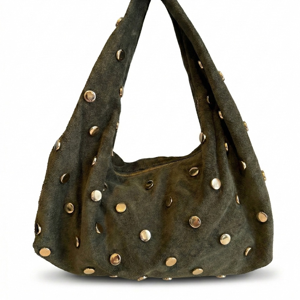 Elegant Olive Green Hobo Shoulder Bag in Genuine Suede Leather - Made in Italy - Picture 3 of 8